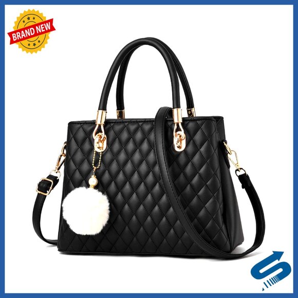 Handbags - PU Leather Top Handle Tote Satchel Shoulder Bag with Pompom